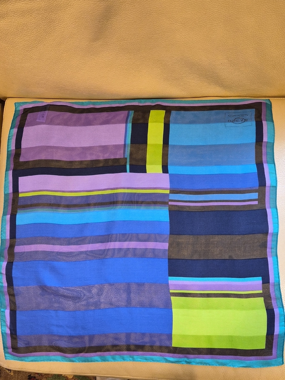 Vintage Silk Oscar de la Renta Blue Purple and Lime Green Geometric Scarf